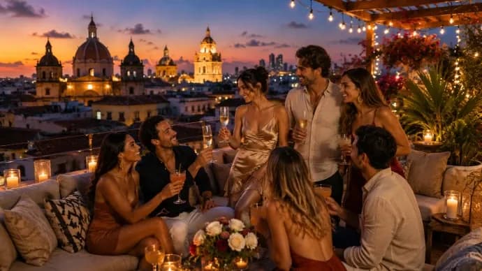 Friends toasting on a rooftop at sunset with the domes of Cartagena's Walled City behind them