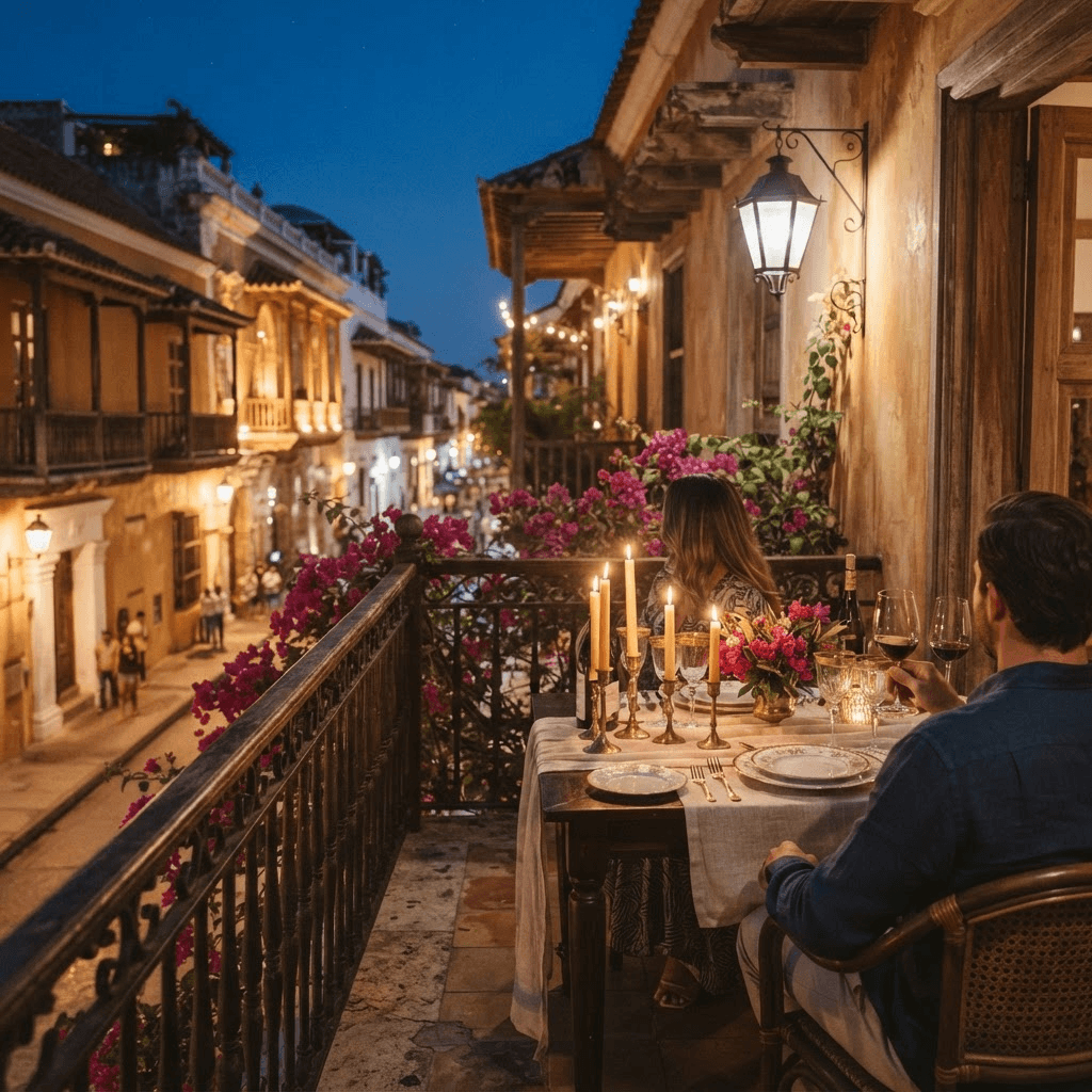 A private dinner set on a colonial balcony in old town Cartagena at dusk.
